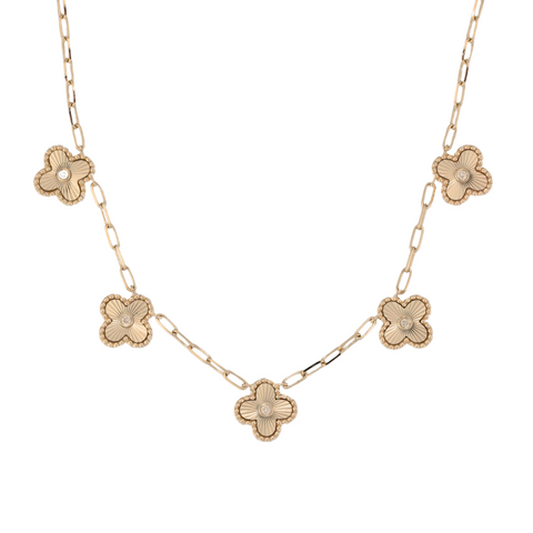 14Kt Small Diamond Bezeled Fluted Clover Necklace