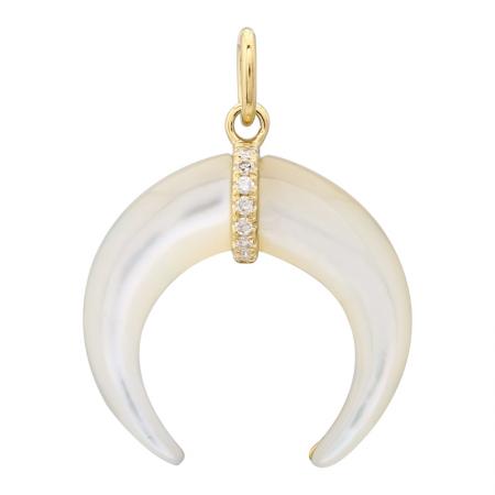 14Kt Diamond & Crescent Mother of Pearl Horn Pendant